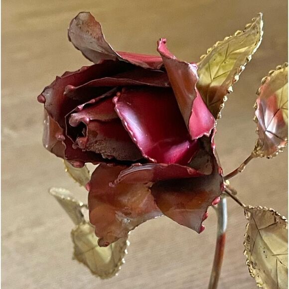 Vintage Single Rose Stem Painted Brass Copper Brutalist Metal Art Marble Base - Picture 11 of 16